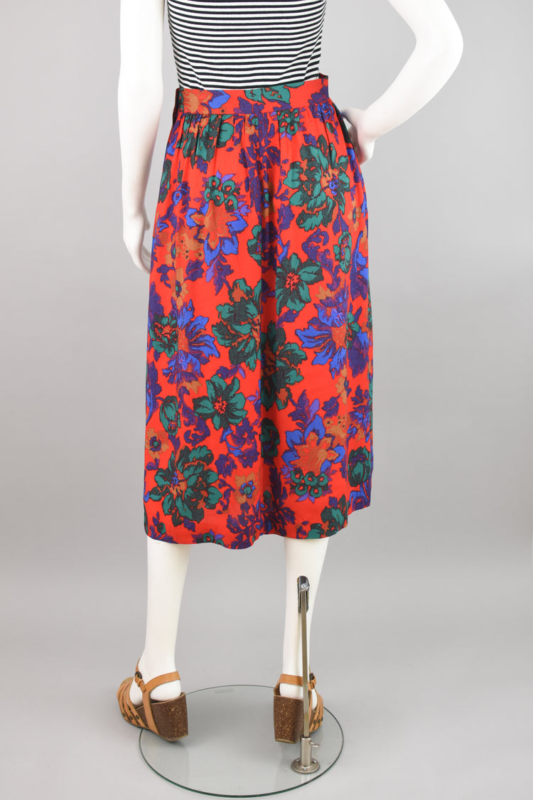 80s High Waist Pleated Red Floral Midi Skirt, Women's Size 8, 26" Waist