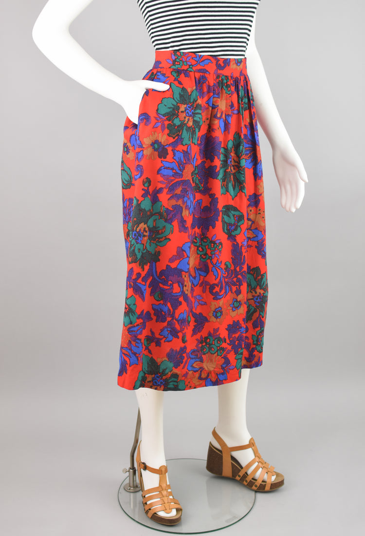 80s High Waist Pleated Red Floral Midi Skirt, Women's Size 8, 26" Waist