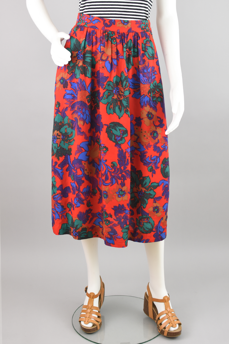 80s High Waist Pleated Red Floral Midi Skirt, Women's Size 8, 26" Waist