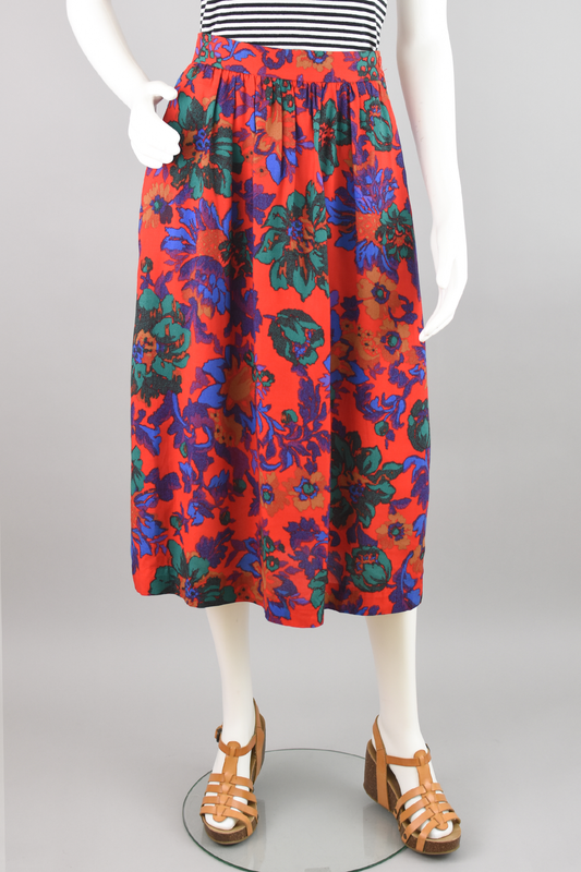 80s Pleated Red Floral Midi Skirt, Women's Size 12, 28" Waist