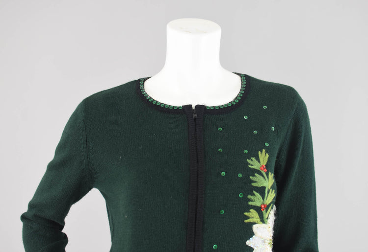 Dark Green Ugly Christmas Cardigan with Poinsettias, Women's Small