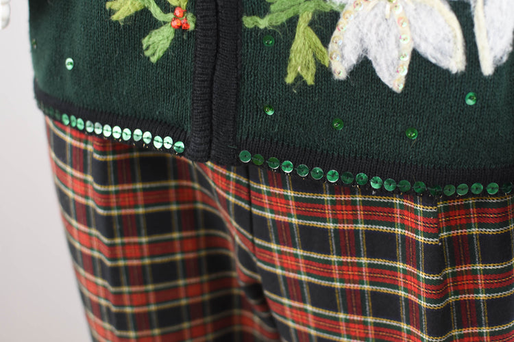 Dark Green Ugly Christmas Cardigan with Poinsettias, Women's Small