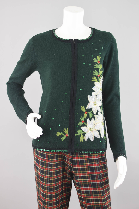 Dark Green Ugly Christmas Cardigan with Poinsettias, Women's Small