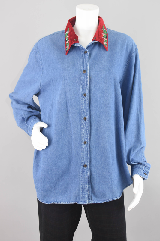 Ugly Christmas Red Velvet Collared Denim Shirt, Women's Extra Large