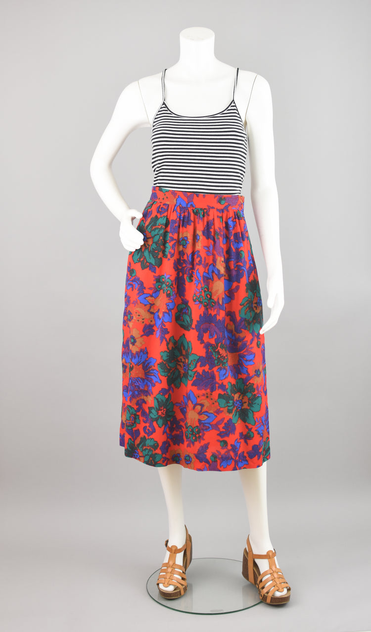 80s Pleated Red Floral Midi Skirt, Women's Size 12, 28" Waist