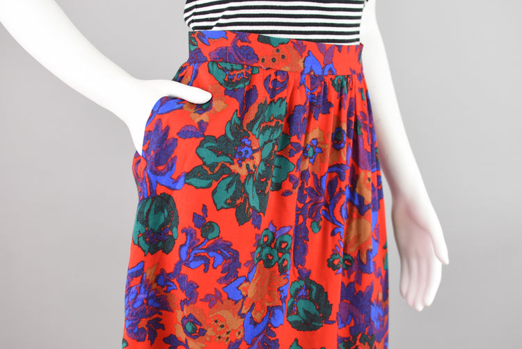 80s Pleated Red Floral Midi Skirt, Women's Size 12, 28" Waist