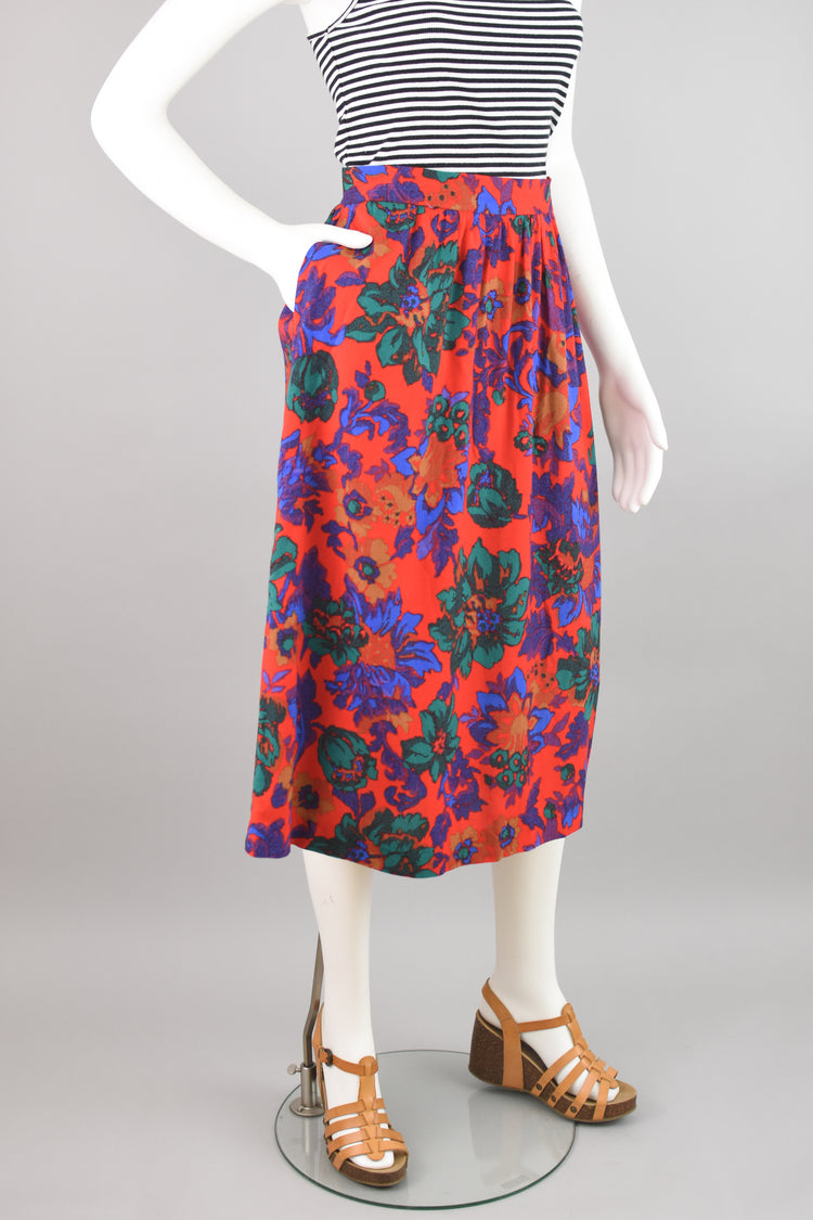 80s Pleated Red Floral Midi Skirt, Women's Size 12, 28" Waist