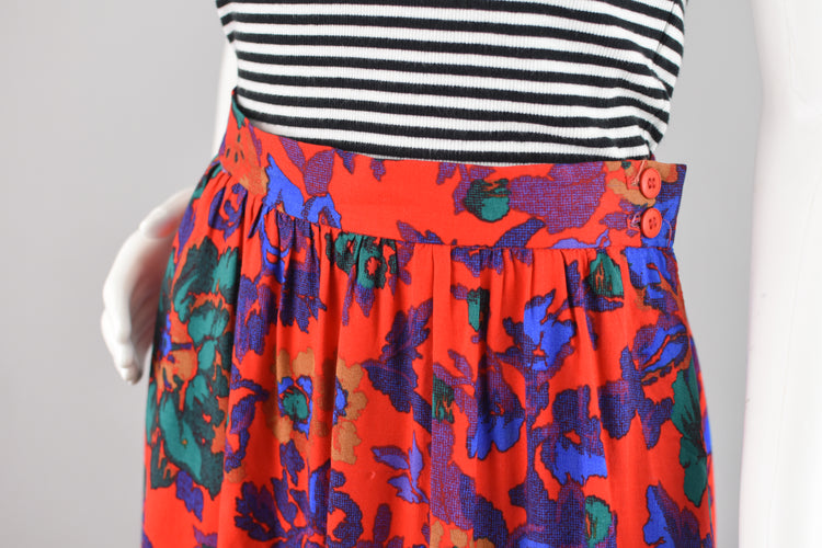 80s Pleated Red Floral Midi Skirt, Women's Size 12, 28" Waist