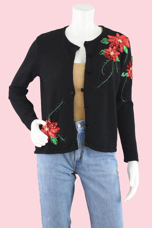 Vintage Poinsettia Sequins Holiday Cardigan Women's Petite Small