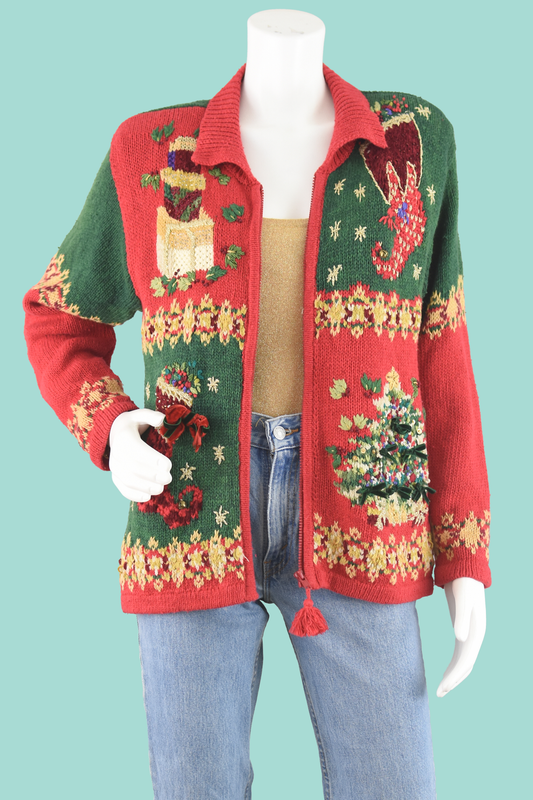 Vintage Christmas Tree Colorblock Cardigan Women’s Small - Medium