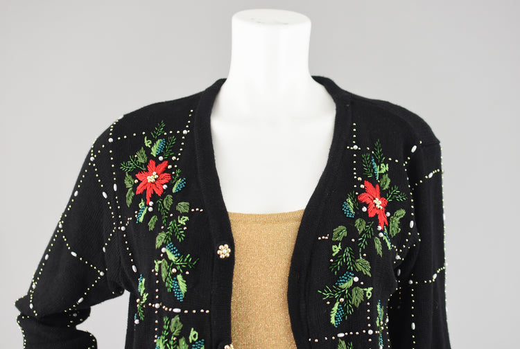 Vintage Poinsettia Sequins Holiday Cardigan Women's Small