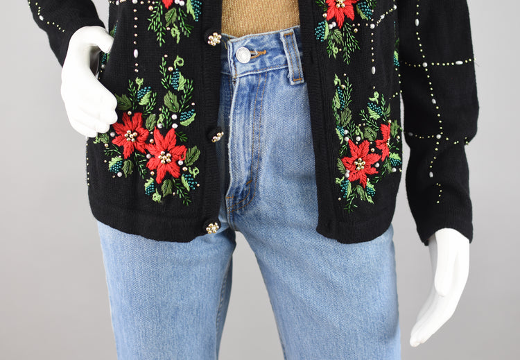 Vintage Poinsettia Sequins Holiday Cardigan Women's Small