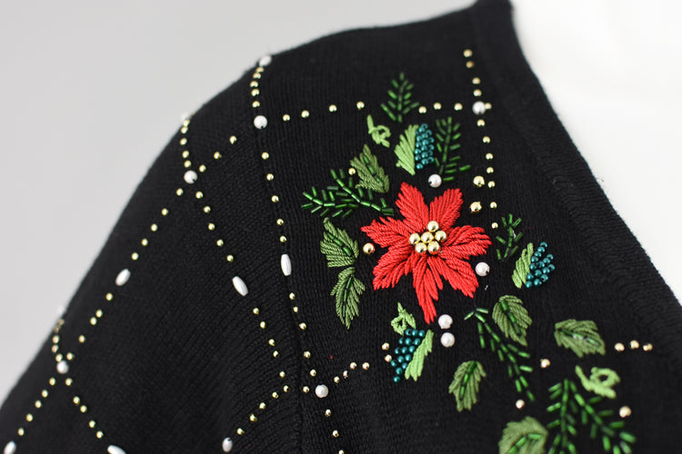 Vintage Poinsettia Sequins Holiday Cardigan Women's Small