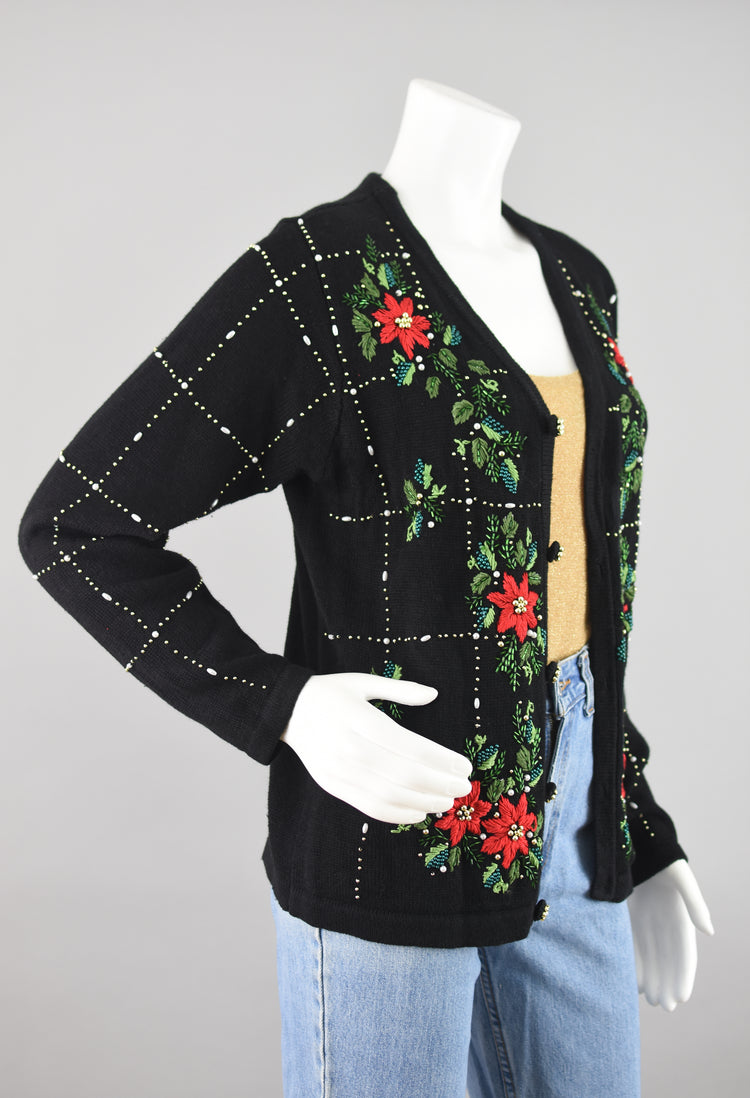 Vintage Poinsettia Sequins Holiday Cardigan Women's Small