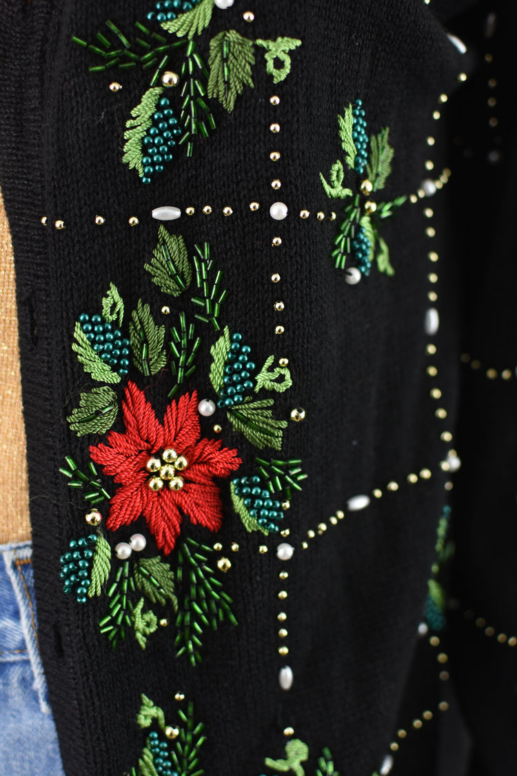 Vintage Poinsettia Sequins Holiday Cardigan Women's Small