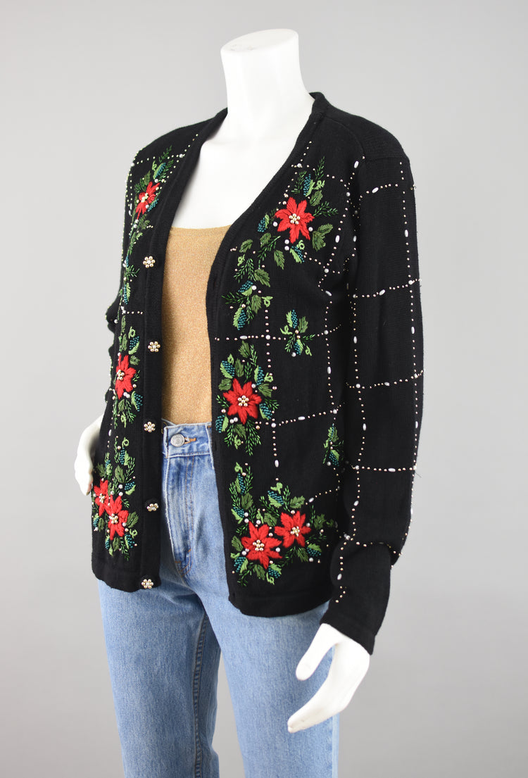 Vintage Poinsettia Sequins Holiday Cardigan Women's Small