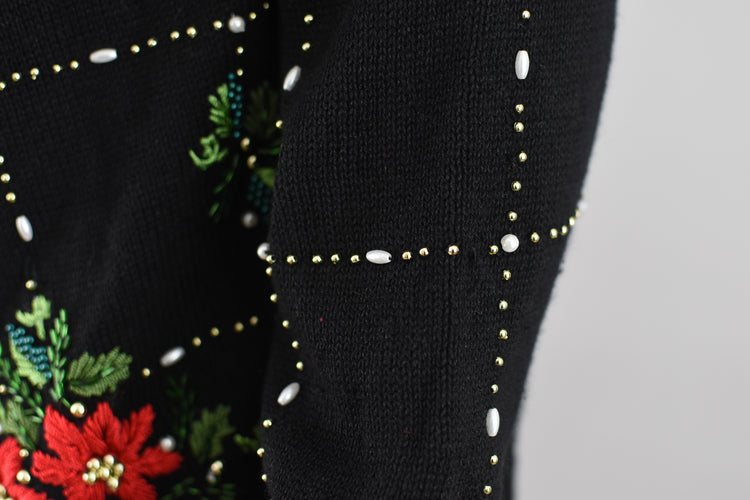 Vintage Poinsettia Sequins Holiday Cardigan Women's Small