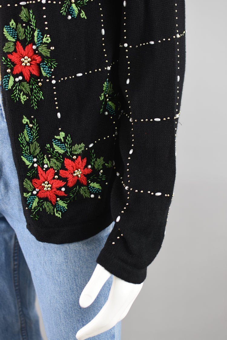 Vintage Poinsettia Sequins Holiday Cardigan Women's Small