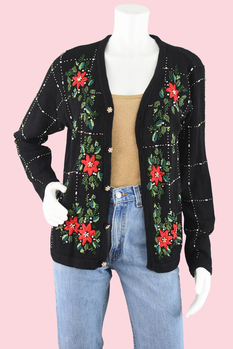 Vintage Poinsettia Sequins Holiday Cardigan Women's Small