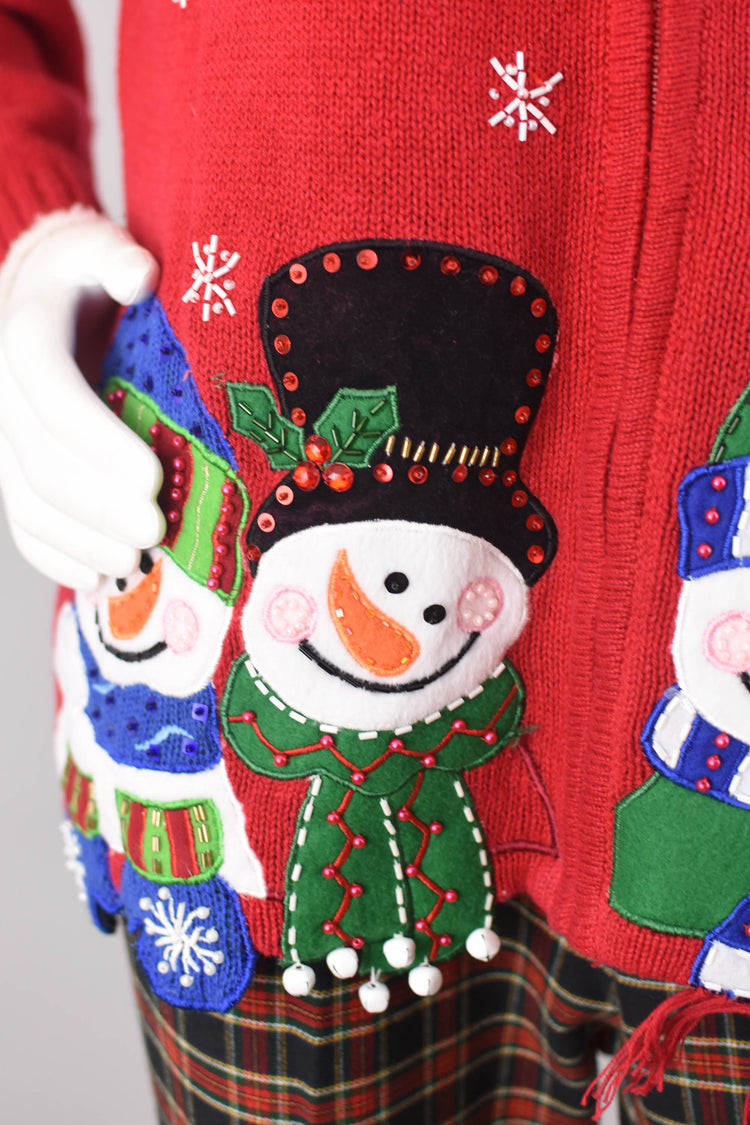 Vintage Snowmen Red Christmas Cardigan, Women's Large