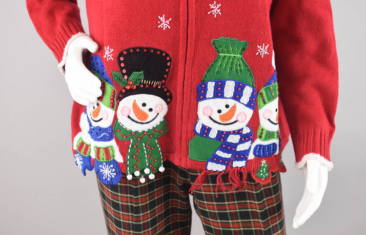 Vintage Snowmen Red Christmas Cardigan, Women's Large