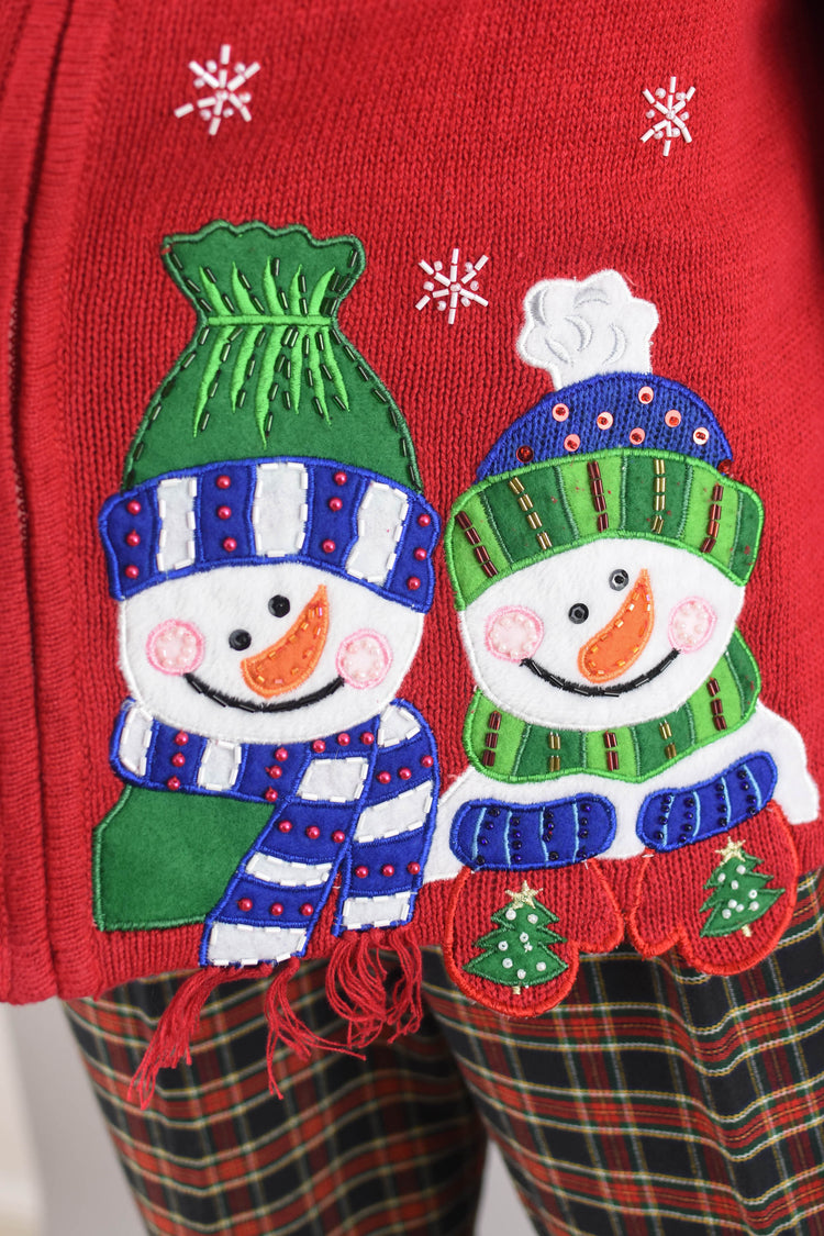 Vintage Snowmen Red Christmas Cardigan, Women's Large