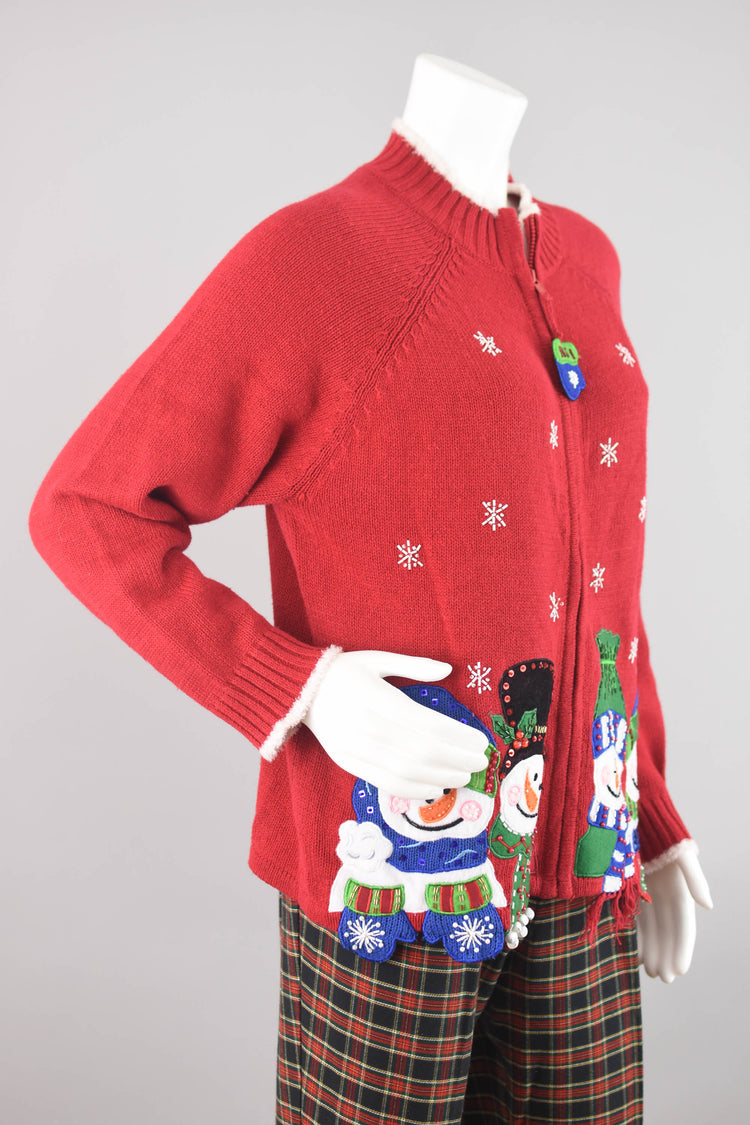 Vintage Snowmen Red Christmas Cardigan, Women's Large