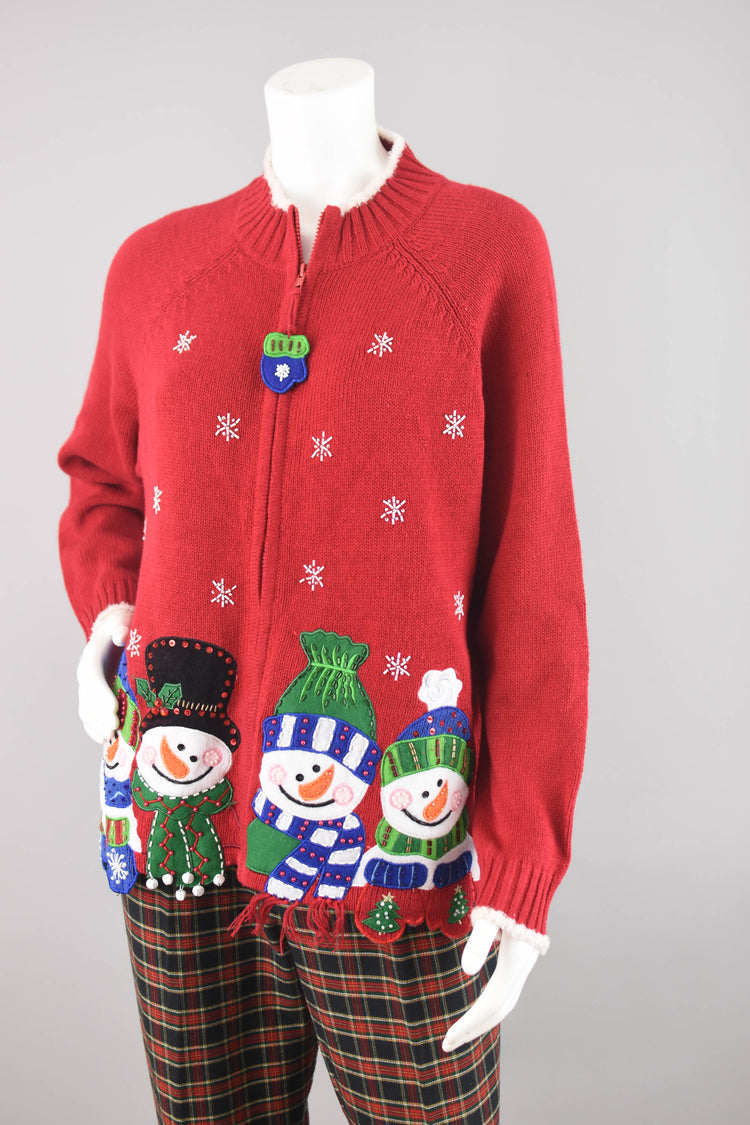 Vintage Snowmen Red Christmas Cardigan, Women's Large