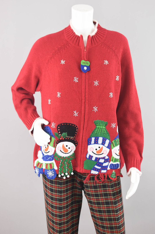 Vintage Snowmen Red Christmas Cardigan, Women's Large