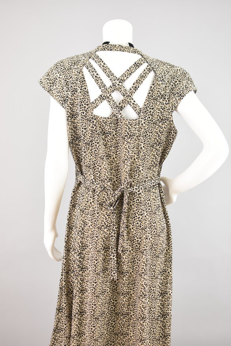 Vintage 90s Animal Print Button Down Front Dress with Tie Back Ribbon, Women's Size 14