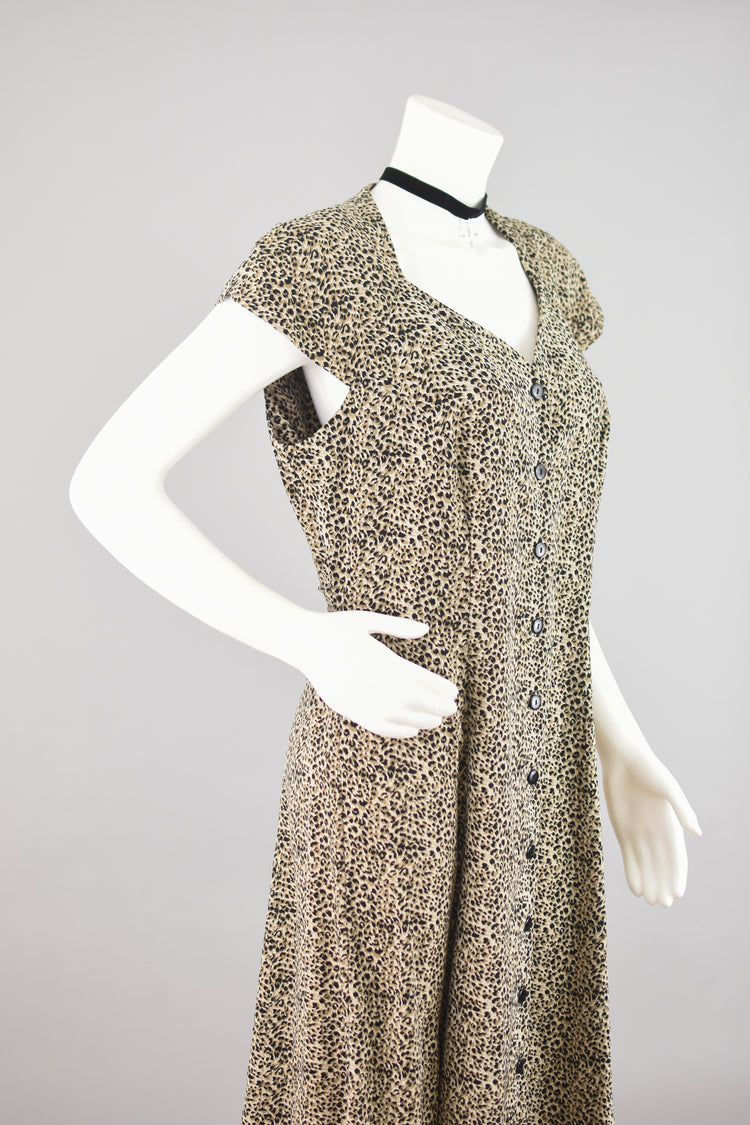 Vintage 90s Animal Print Button Down Front Dress with Tie Back Ribbon, Women's Size 14