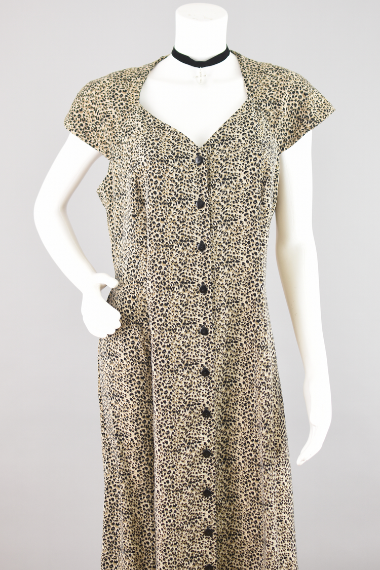 Vintage 90s Animal Print Button Down Front Dress with Tie Back Ribbon, Women's Size 14