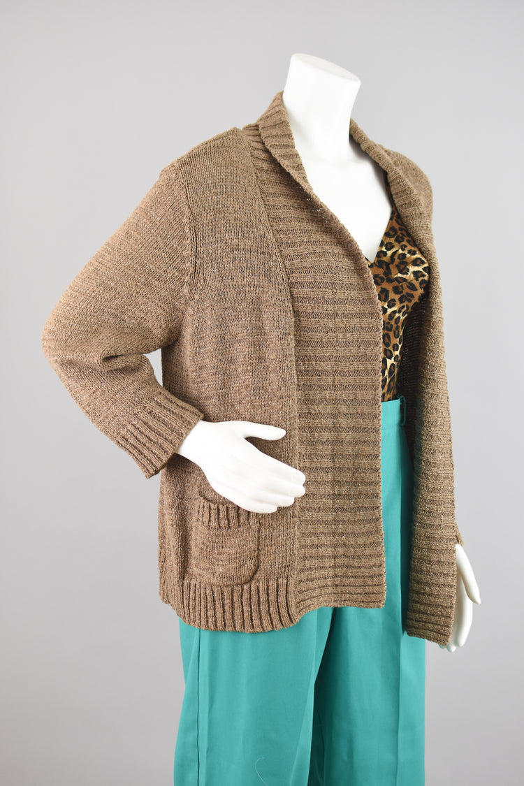 Vintage Open Front Brown Crocket Knit Cardigan Women's PXL