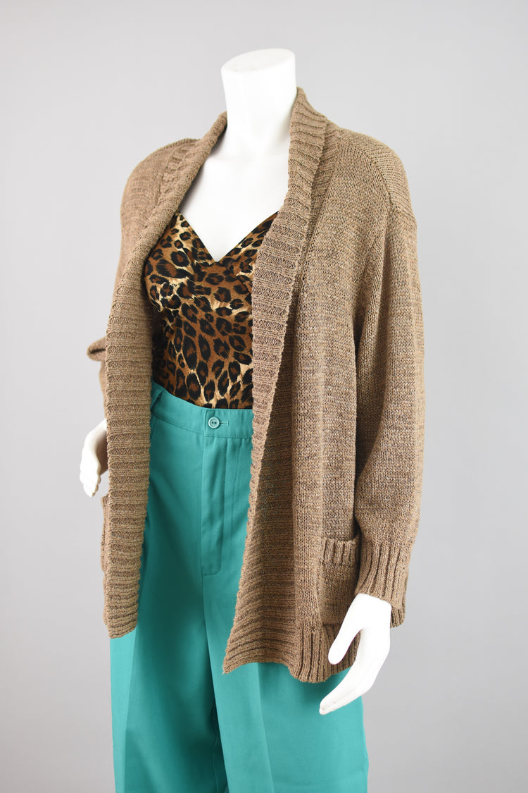 Vintage Open Front Brown Crocket Knit Cardigan Women's PXL