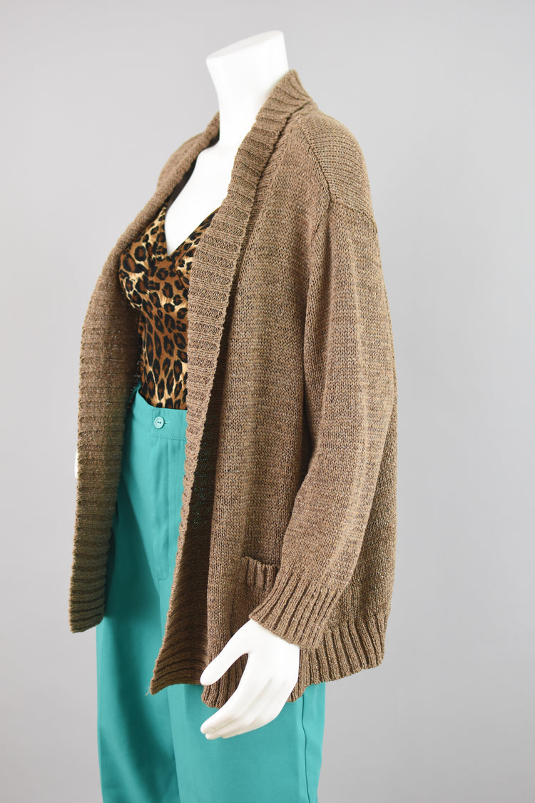 Vintage Open Front Brown Crocket Knit Cardigan Women's PXL