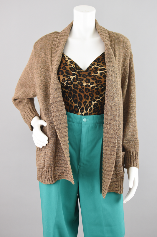 Vintage Open Front Brown Crocket Knit Cardigan Women's PXL