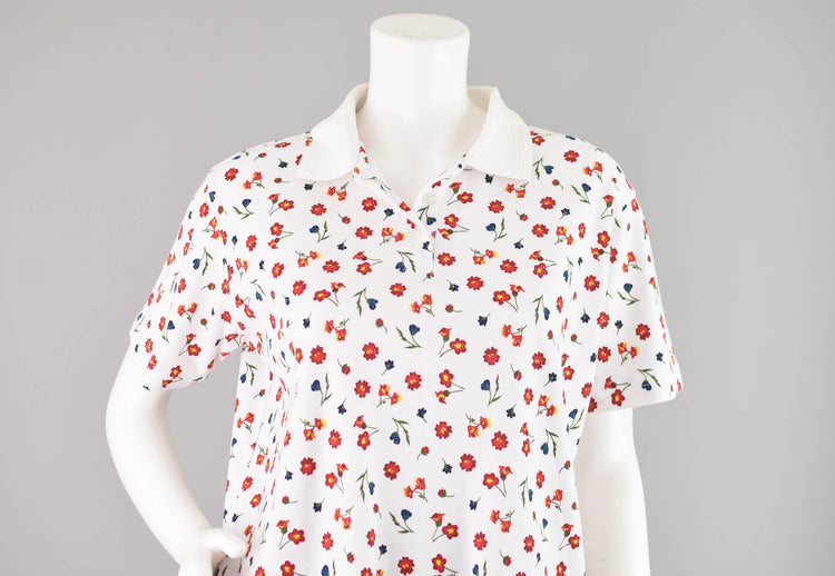 90s Floral Sleeve Polo Shirt Women's Medium