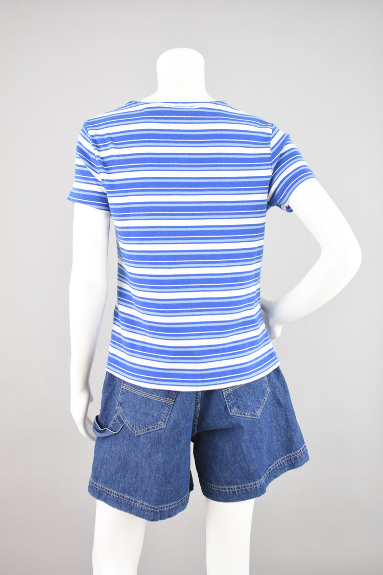 Vintage Basic Editions Blue Striped Short Sleeve Tee, Women's Small