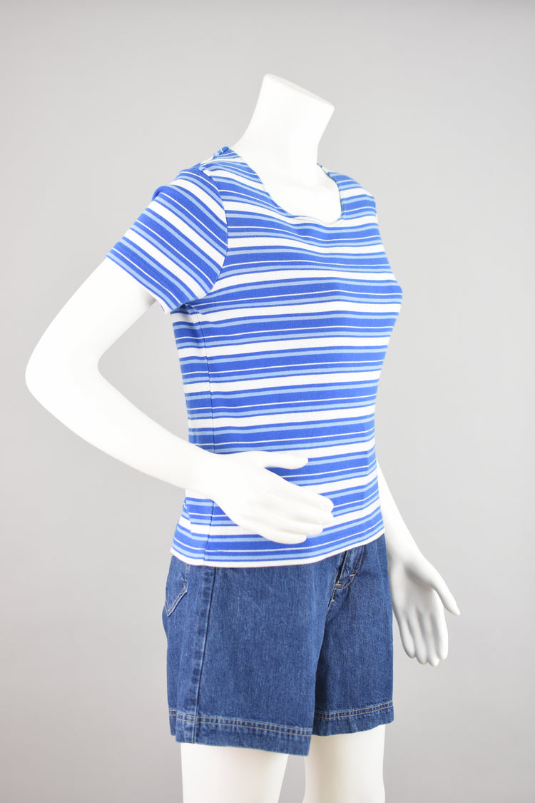 Vintage Basic Editions Blue Striped Short Sleeve Tee, Women's Small