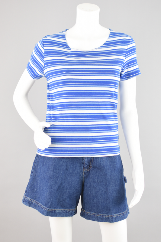 Vintage Basic Editions Blue Striped Short Sleeve Tee, Women's Small