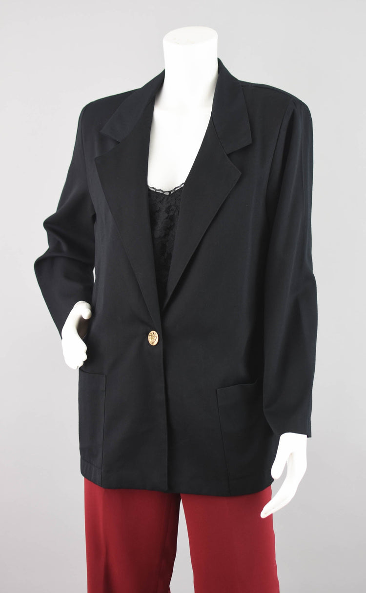 80s Black Oversized Boyfriend Blazer, Women's Medium