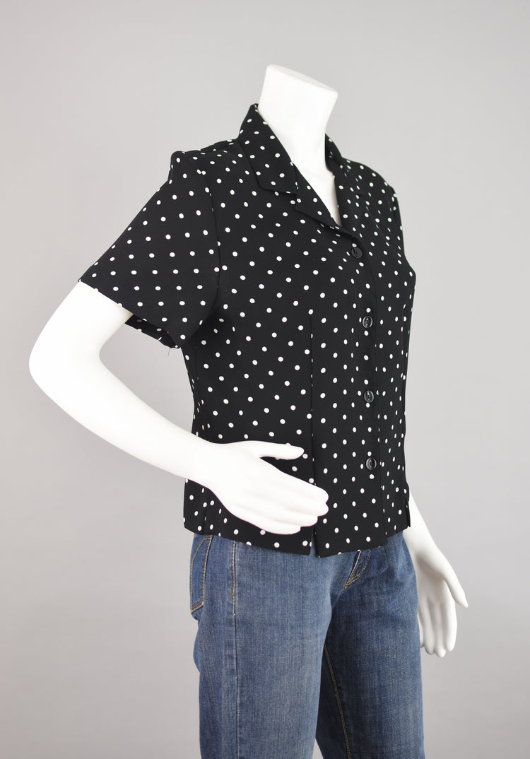 90s Black & White Polka Dot Button Down Women's Petite Medium