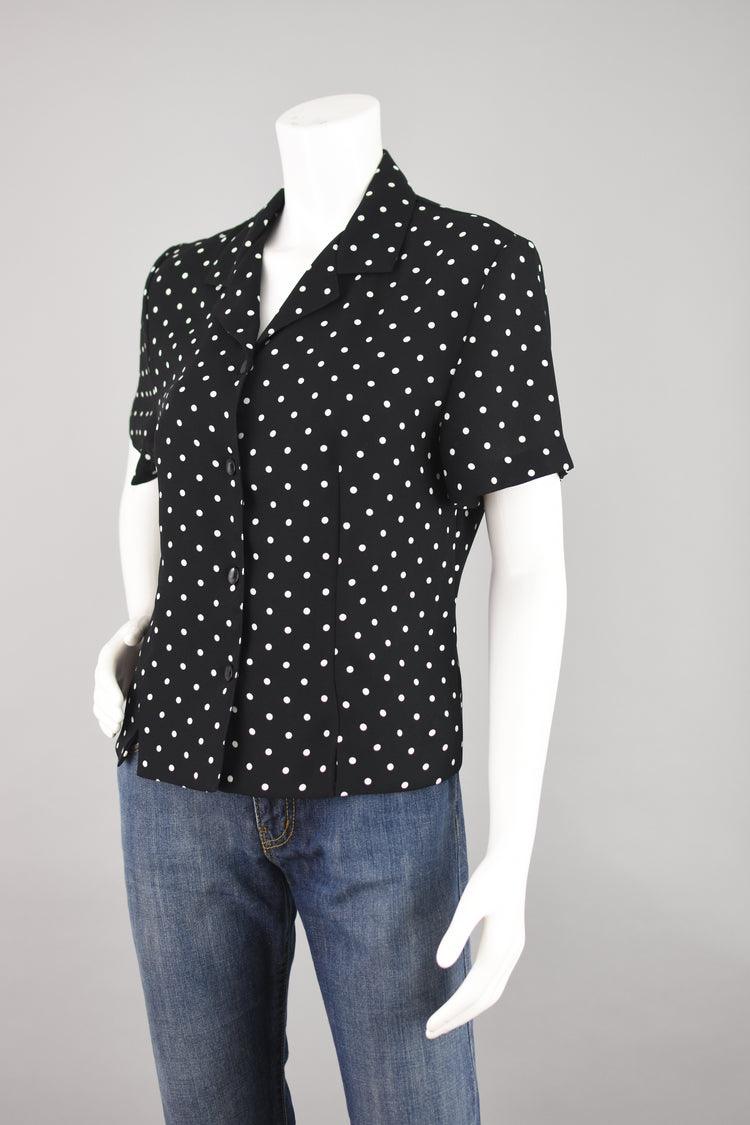 90s Black & White Polka Dot Button Down Women's Petite Medium