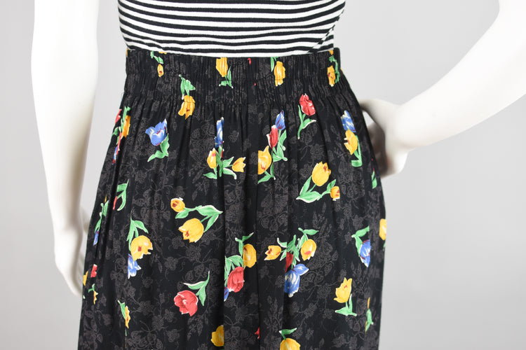 80s High Waist Dark Floral Pleated Midi Skirt, Women's Small, Waist 26 - 28"