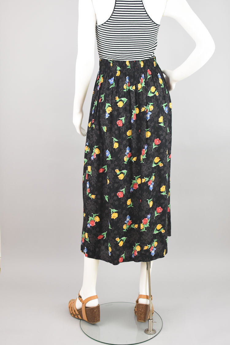 80s High Waist Dark Floral Pleated Midi Skirt, Women's Small, Waist 26 - 28"