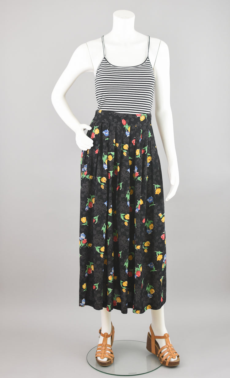 80s High Waist Dark Floral Pleated Midi Skirt, Women's Small, Waist 26 - 28"