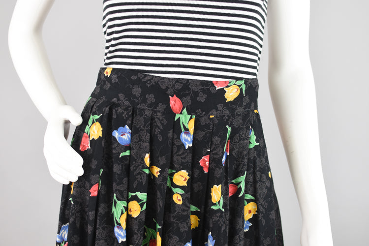 80s High Waist Dark Floral Pleated Midi Skirt, Women's Small, Waist 26 - 28"