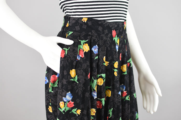 80s High Waist Dark Floral Pleated Midi Skirt, Women's Small, Waist 26 - 28"