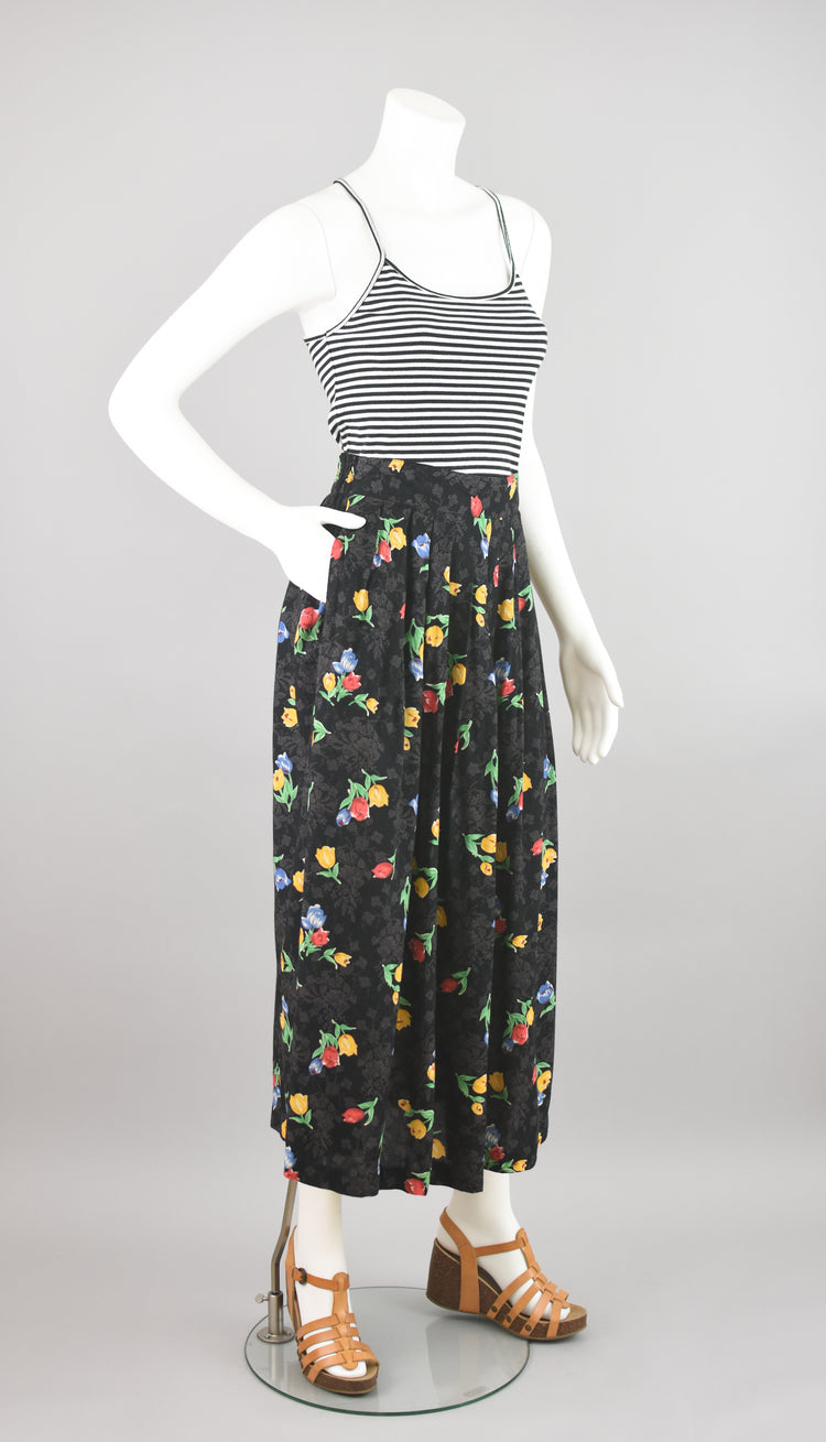 80s High Waist Dark Floral Pleated Midi Skirt, Women's Small, Waist 26 - 28"