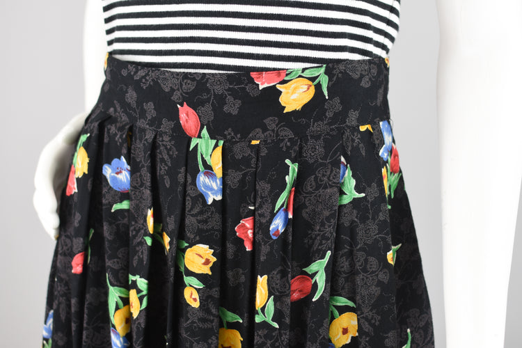 80s High Waist Dark Floral Pleated Midi Skirt, Women's Small, Waist 26 - 28"